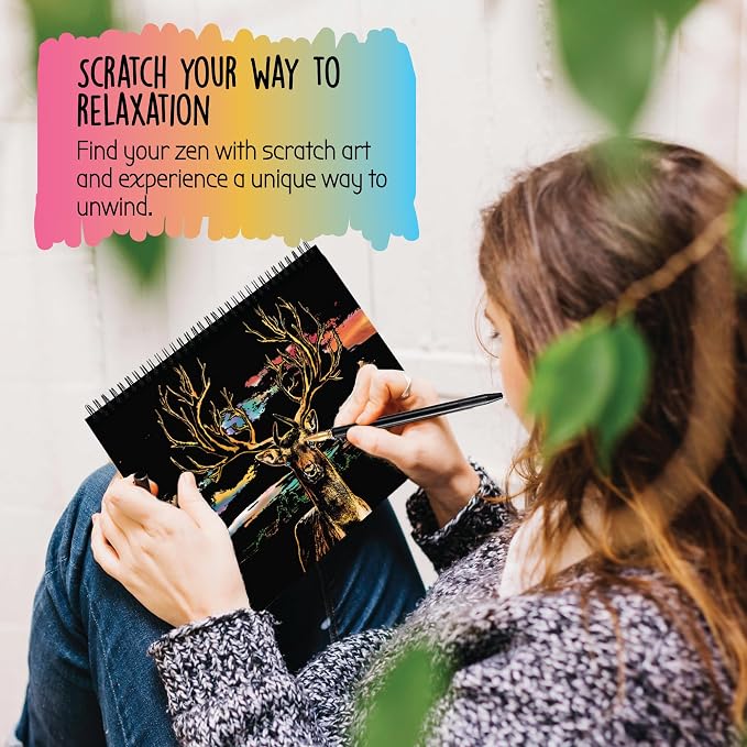 Scratch Art Book for Adults - Animal Series, 10 Rainbow Art and Crafts for Adults | Adult scratch art & foil art for adults kit | stress relief scratch painting, screen-free travel craft | scratch art adult