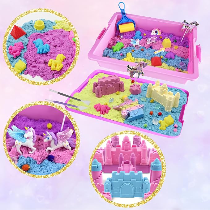 Unicorn Sensory Bin Sand Kit - 155 Pcs with 2.2lbs Sand, 9 Castle & 8 Unicorn Molds, 12 Tools, Tactile Sensory Fillers for Girls Age 4-9 Gifts