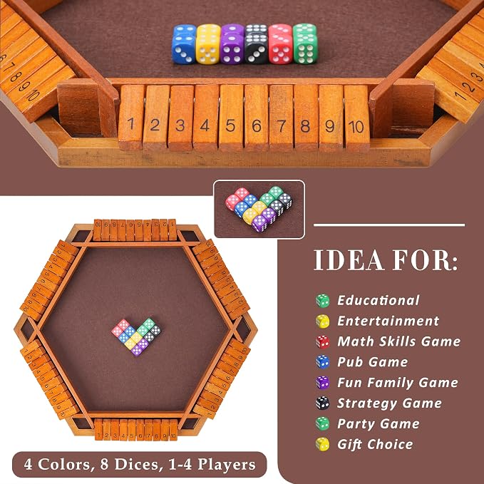 Shut The Box Dice Game – Vintage Wooden Board for 1-6 Players | Classic Strategy & Tabletop Game For Adults & Kids. Fun For Family, Classroom, Home, Party, Or Pub. Vintage Wooden Board Game