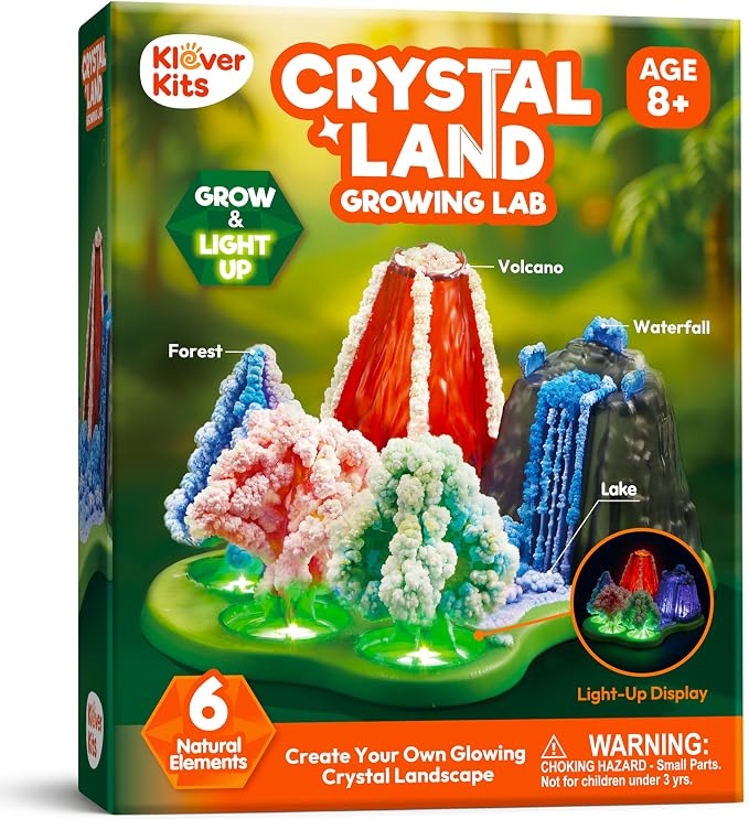 JOVA Klever Kits Crystal Land Growing Lab- Craft Kits for Kids Aged 8+ Science Gifts with 6 Unique Natural Elements and Light-Up Base, STEM Activities Birthday Gift