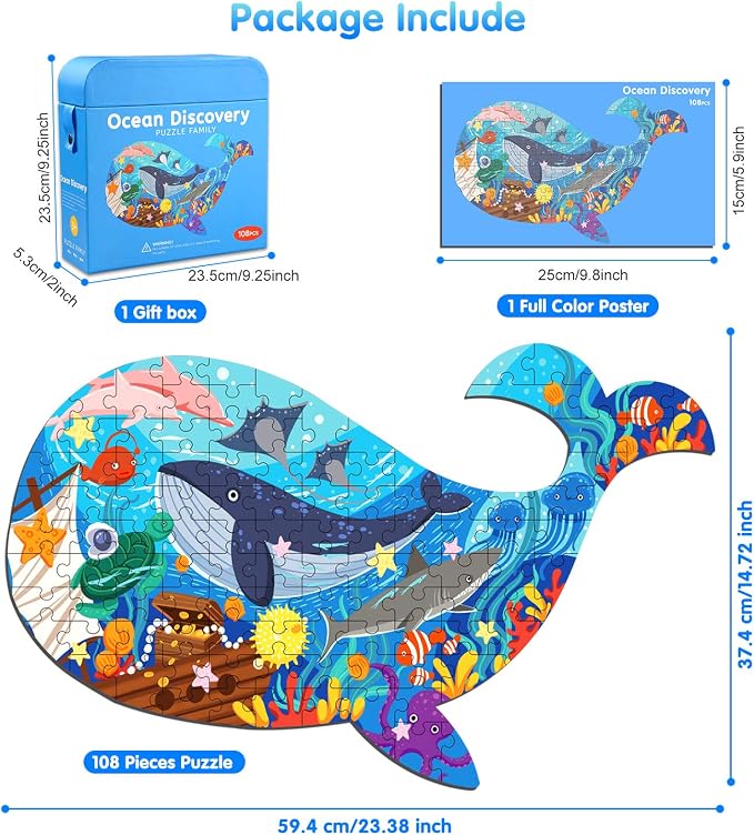 Jigsaw Puzzles for Kids Ages 4-8, 108 Pcs Whale Shaped Cardboard Puzzles | Sturdy Floor Puzzles Box and Poster for Animal Lovers, Educational Toys Gift for Boys Girls, 23.38 x 14.72 Inch