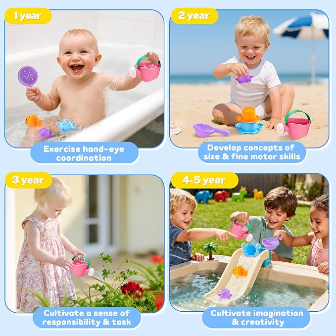Fajiabao Toddler Bath Toys for Kids Ages 1-3 Stack, Scoop & Pour Set 5 PCS | Drain Quickly Nest for Easy Storage with 3 Animal Stacking Cups, Watering Can & Scoop for Floating Bathub Water Table Play