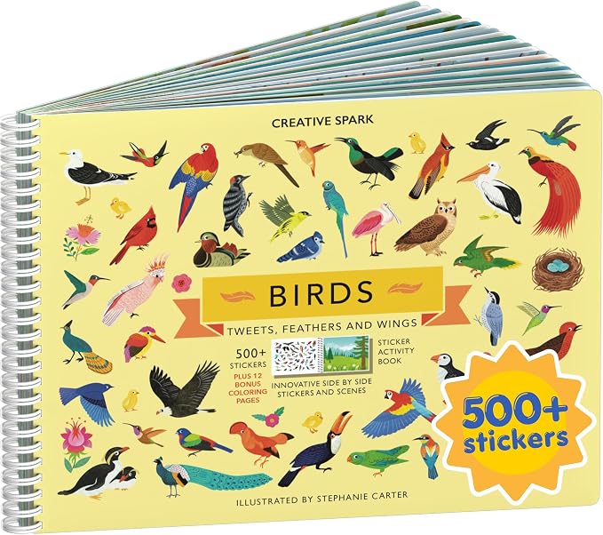 Cupkin Bird Coloring & Sticker Activity Book | 500+ Stickers | Spiral-bound kids craft format with 12 scenes, 12 art pages, side-by-side viewing, and an easy-peel design for ages 2–8