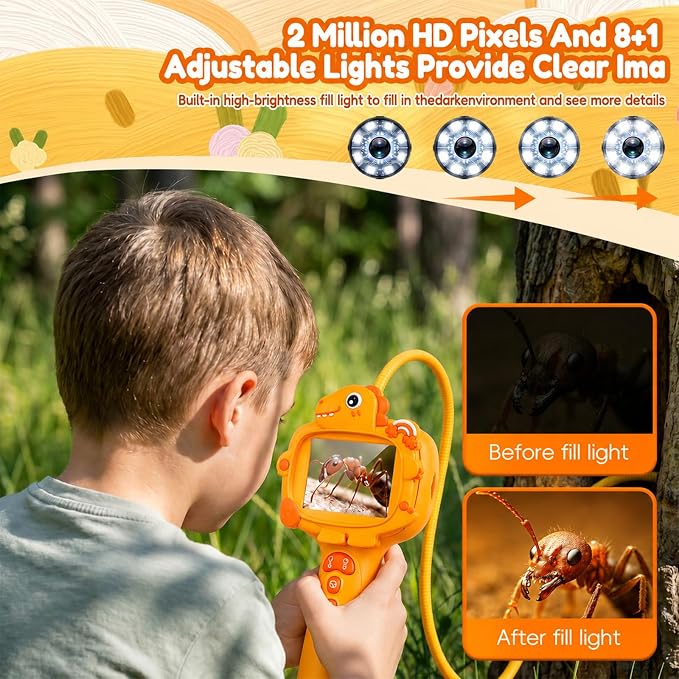 Kids Borescope Camera with Light-STEM Science Educational Toy for 3 4 5 6 7 8 Years Old Boys & Girls Birthday Gift-Discovery & Exploration Flexible Snake Scope Battery (Orange Dinosaur)
