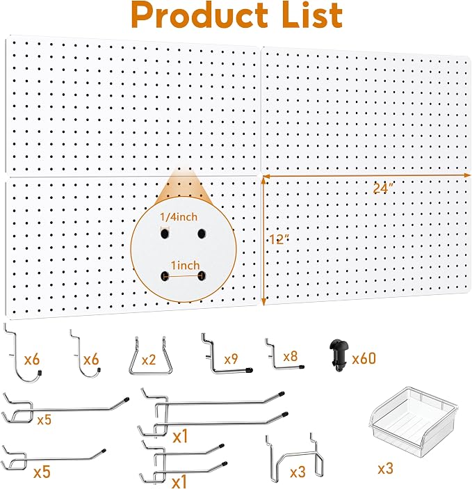 Peg Board, 84pcs Metal Pegboard Kit, Includes 4 Pack 24''X12'' Large White Peg Board with Accessories and Hook Locks, Heavy Duty Peg Boards for Walls Home, Garage Tool Storage, Workbench