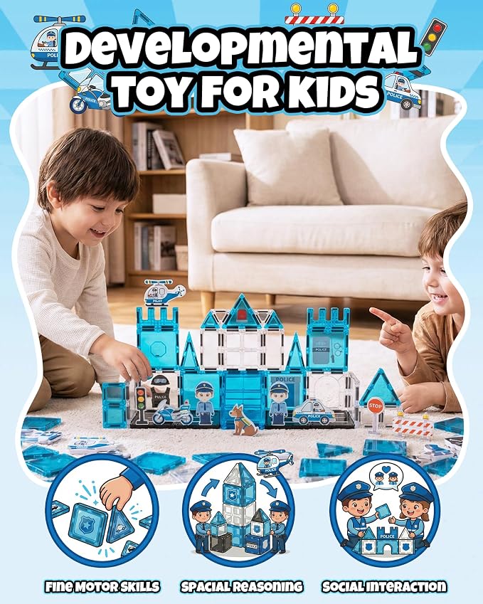 Large Magnetic Tiles for Kids, STEM Toys Building Set, Age 3+,42 Piece | Police Magnetic Tiles Building Blocks with City Scene Pieces, Police Officer Elements, Ideal Gift for Boys and Girls