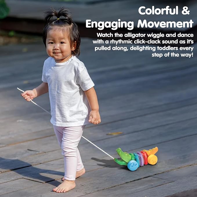 PlanToys® Rainbow Dancing Alligator Pull Toy for Toddlers | Eco-Friendly Wooden Toy with Click-Clack Sound | Walking Toy for Babies | click-clack sound, toddler pull toys, animal design, girls, boys, gross motor cause & effect learning gift idea for kids