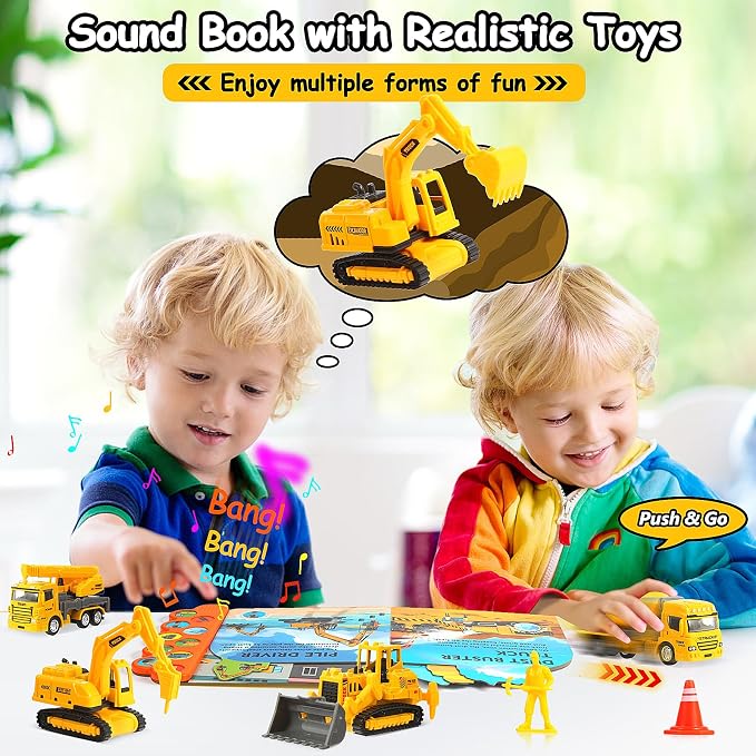iGRATENS Construction Toys with Sound Books - Dig It! Dump It! Build It! | Construction Board Book with 10 Buttons & 20pcs Toys, Realistic Sound, Exquisite Illustrations, Great for Little Truck Lovers