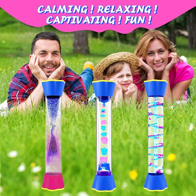 Sensory Fidget Tubes Set - Calming Toys for Kids - Sensory Tube with Glitter Bottle, Gravity Spinner, Bubble Drop Spiral Hourglass - Promotes Calmness & Independent Play (Motion Bubbler Tube, 3)