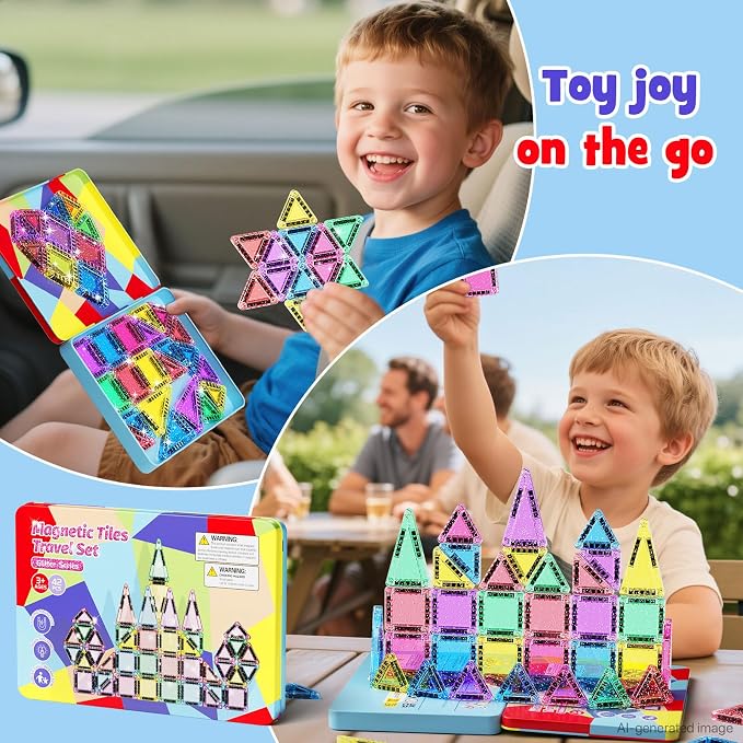 Travel Glitter Magnetic Block Set with Storage Box | STEM Educational Sensory Preschool Building Toy for Toddlers, Ideal Kids Gifts for Ages 3-6