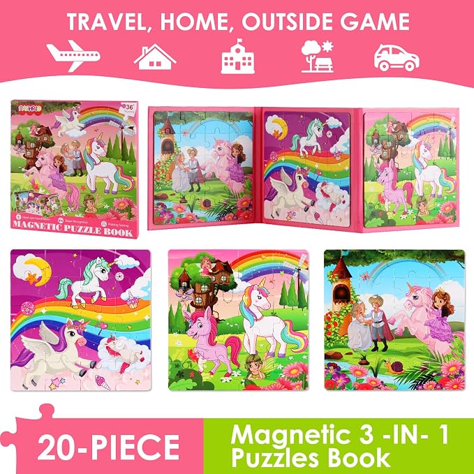Magnetic Puzzles for Kids Ages 4-6, 20-Piece Preschooler Travel Toys Unicorn Princess Puzzles Ages 3-5, Educational Learning Magnets, Ideal Road Trip Activities Toys for 3 4 5 6 Boys and Girls