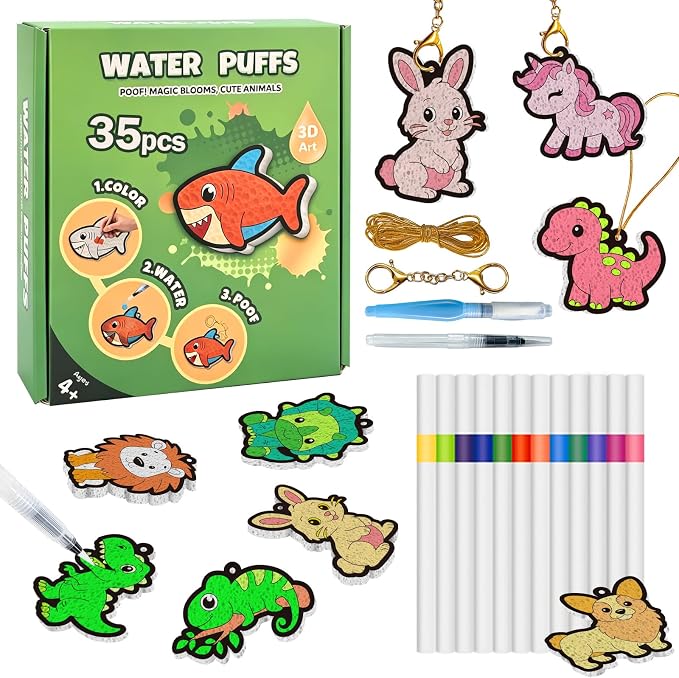 SOOVSY Magic Puffs 3D Art Kit for Kids, Water Activated Puffy Art Craft Kit with Animals Designs, DIY Color & Inflate Activity, Screen-Free Travel & Rainy Day Toy for Girls Boys Ages 4-8