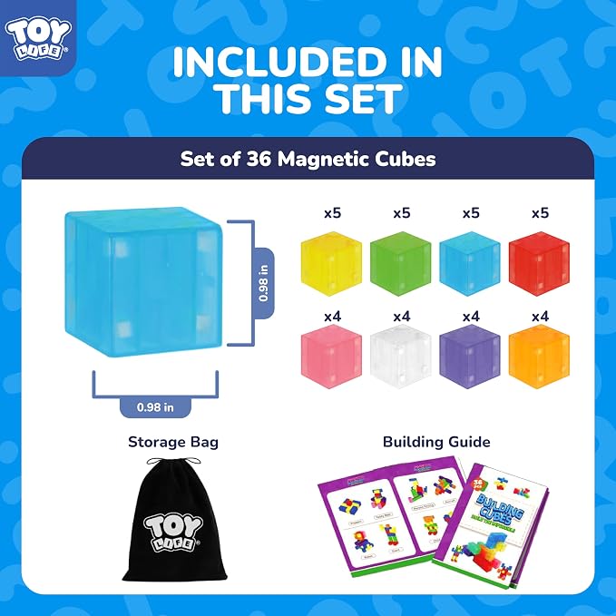 TOY Life Translucent Magnetic Blocks, 36-Piece STEM Set, Ages 3-8 | rainbow-clear cubes, smooth ABS plastic, strong connections, tower and shape play
