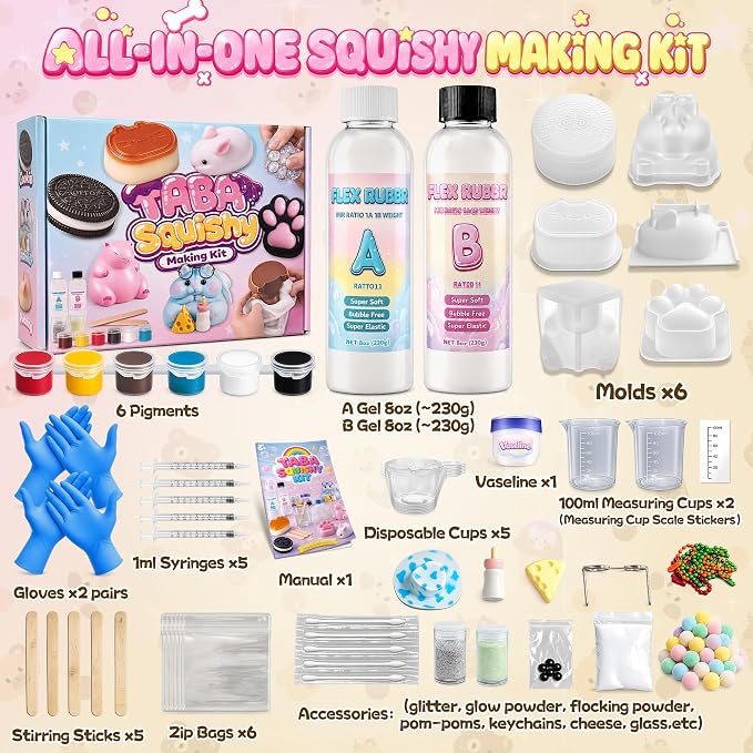 Funewest DIY Taba Squishy Making Kit for Kids, Make Your Own Squishies | Beginner-Friendly Flex Rubber Craft Kit, 16oz Liquid Silicone and 6 Mold, Sensory Squishy Fun, Gift for Girls Boys Ages 8-12