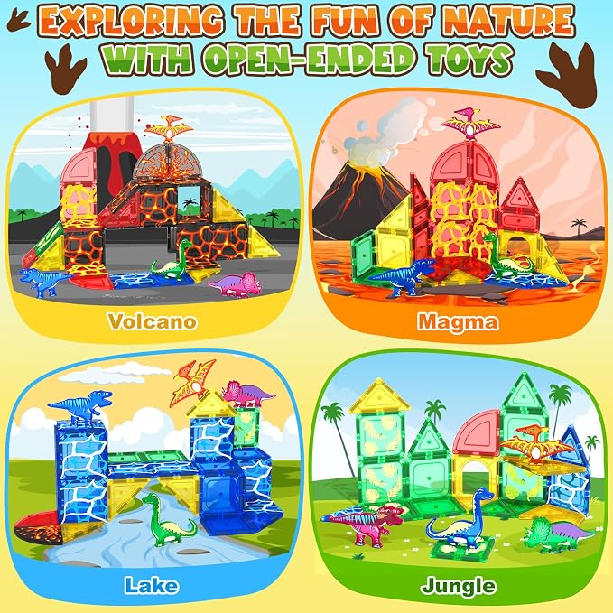 Magnetic Tiles Lava Dinosaur Toys Magnetic Blocks Building Set for Kids 3+ | Dinosaur Toys for Kids 3-5 5-7 6-8, Toddler Sensory Toy for Boys and Girls, Christmas Birthday Gifts, Classroom Must Haves