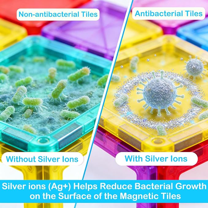 Next-Gen Antibacterial Magnetic Tiles, Safe & Clean Play for Kids | Bacteria Resistant, EPA-registered, Toddler-Safe, Strong Magnets, Preschool Learning, Construction Toy, Clean Play for Kids