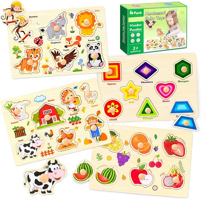 Wooden Puzzles for Toddlers, 4 Pack Montessori Toys Preschool Learning Puzzles for Baby, Farm, Shapes, Animals, Fruits Wooden Peg Puzzles for Boys and Girls (4 Pack)