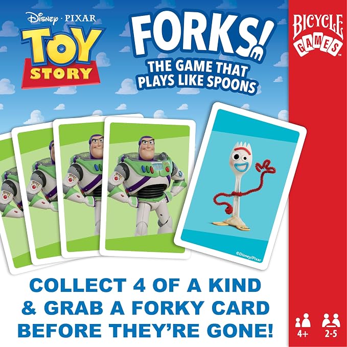Bicycle Spoons Featuring Forky from Toy Story, Kids Card Game, Featuring Disney and Pixar Characters Woody, Buzz Lightyear, Forky, Bo Peep & Alien, Ages 4+, Toy Story Birthday Gift, 2-5 Players