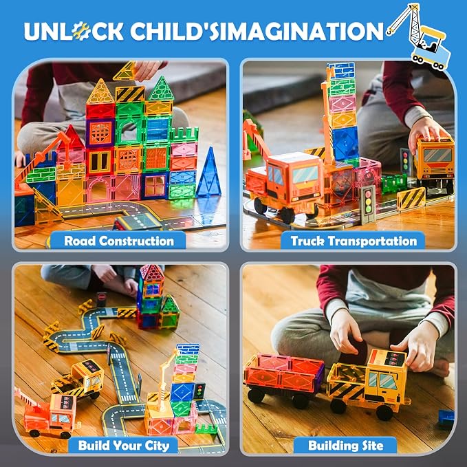 Soyee 102 PCS Magnetic Tiles with 2 Cars & 2 Cranes | Magnet Construction Building Kids Toys for Creative Play and STEM Learning Boys Toys & Gifts for 3-12