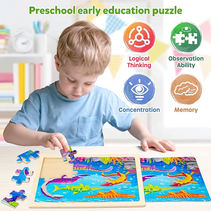 SYNARRY Large Dinosaur Wooden Puzzles for Kids Ages 4-6, 4-in-1 Gift Set | Dinosaur Puzzles for Toddlers & Kids Ages 3-5, Birthday Gifts for Boys & Girls, Educational Dinosaur Toys, Screen-Free Play