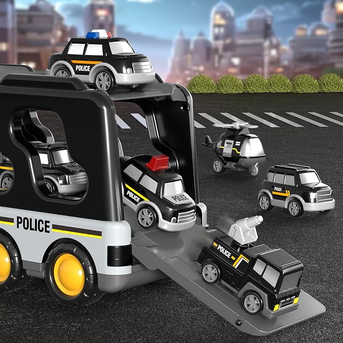Beby Buty 7 in 1 Police Trucks Cars Toys for Toddlers 3-5, Boy Toddler Car Truck Toys with Light Sound, Birthday Gifts Toys for 3 4 5 6 Year Old Boy, Transport Carrier Truck for Toddlers 3-5 Years
