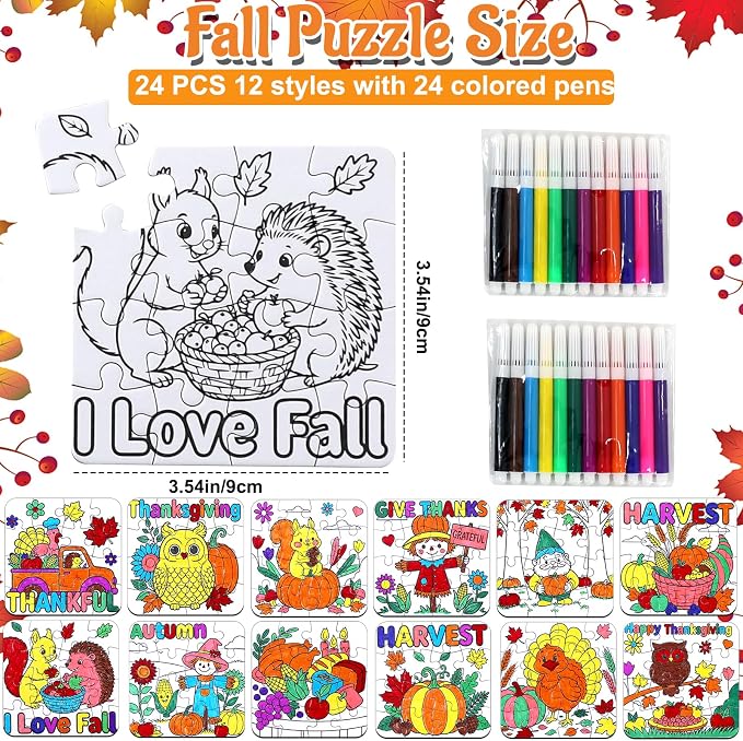 Fall Thanksgiving Arts & Crafts for Kids Autumn Activities DIY Puzzle Kit | 24Ps Thanksgiving Jigsaw Maple leaf Turkey for Fall Harvest Party Favors Classroom Gift Blank Coloring Game Toy Supplies Bulk