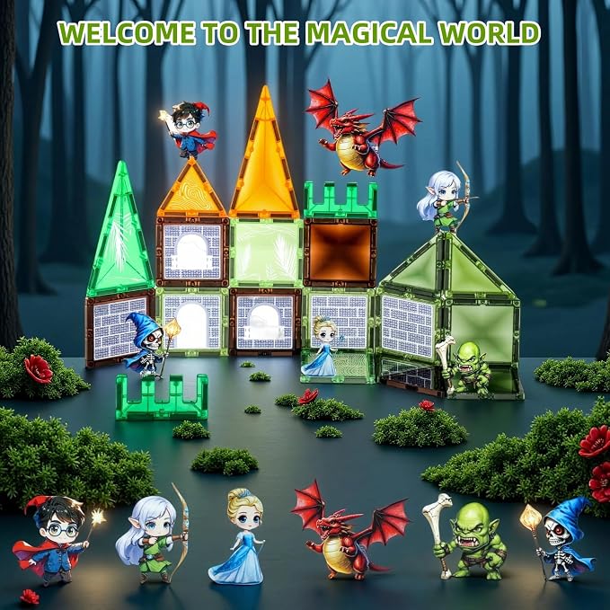 Dragon & Princess Magnetic Tiles for Kids 5-8 – Fantasy World Building Blocks with Monster, Wizard, Elf, Skeleton, STEM Toy for Boys & Girls, Christmas Birthday Gift
