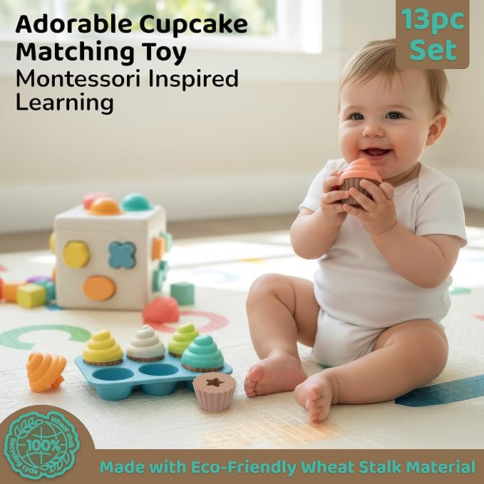 Shape Sorter Color Matching Montessori Toys for Babies & Toddlers, Set of 3 | Baby Shape Sorting Cube, Color Matching Fruit & Cupcake Toy, 18 Months+ Learning Toys, 2025 Model, Eco-Friendly Wheat Straw