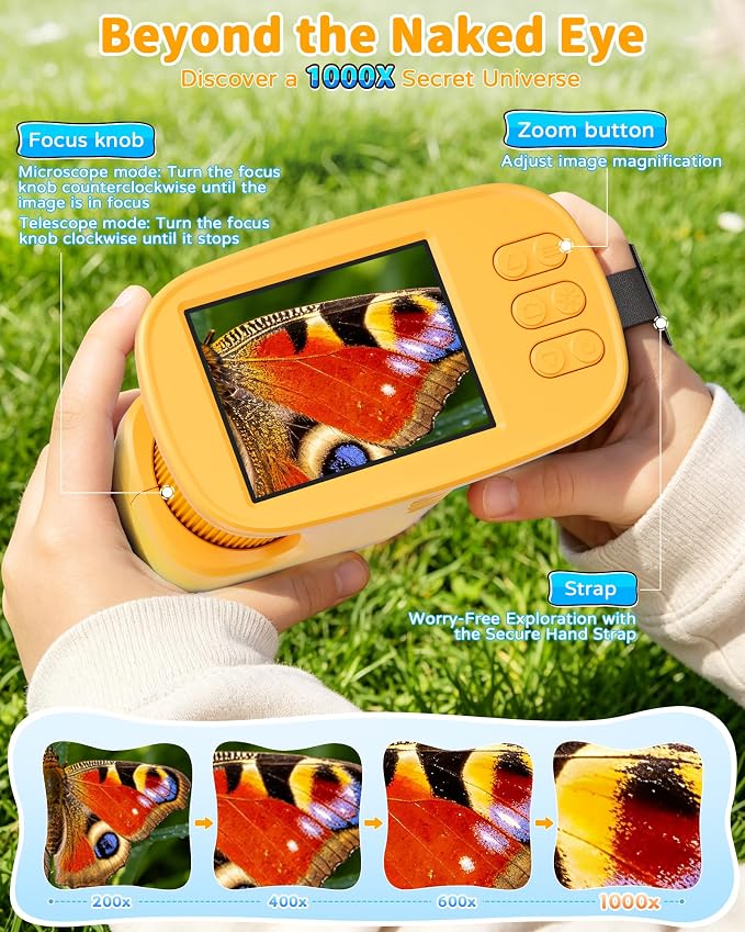 1000X Kids Handheld Microscope, 4K Digital Mini Pocket Digital Microscope with 2.4" IPS Screen, Built-in Camera & 12 Prepared Slides, STEM Educational Toy, Birthday Gift for Boys & Girls Ages 3–12