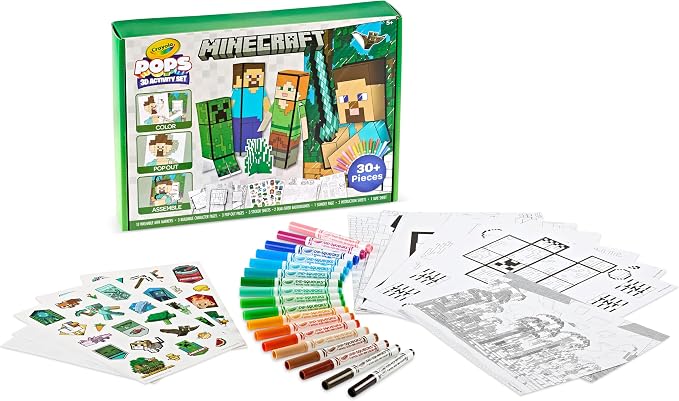Crayola Minecraft POPs 3D Art Kit, Kids Screen Free Coloring Activity Craft | Minecraft Toys, Kids Coloring Activity Set with Markers & Stickers, Birthday or Holiday Gift for Boys & Girls, Ages 5+