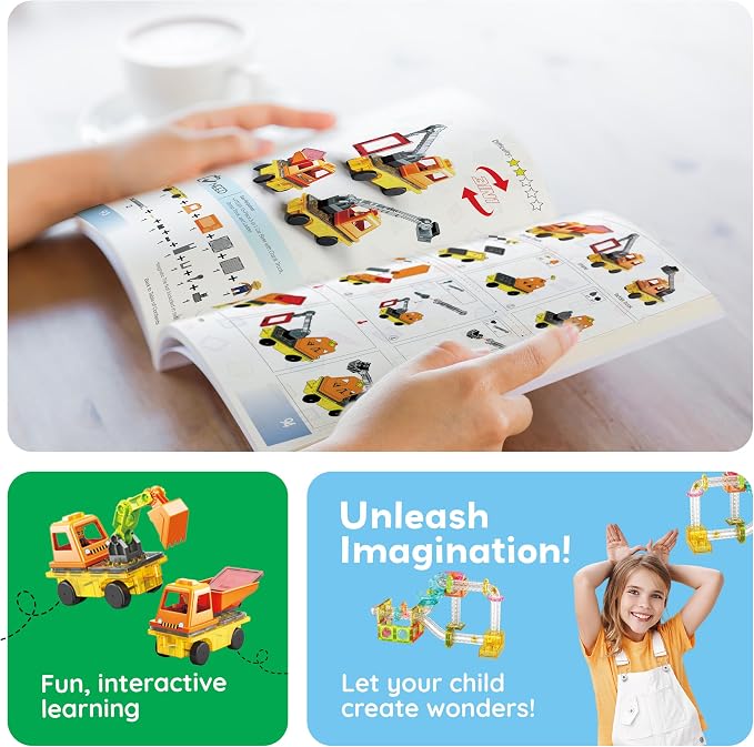 PicassoTiles Magnetic Tile Idea Book, 300 Builds Illustrated Guide, Ages 3+ | 230 pages, bright step-by-step visuals, difficulty scale, STEM skills, race track and marble run inspiration, screen-free fun
