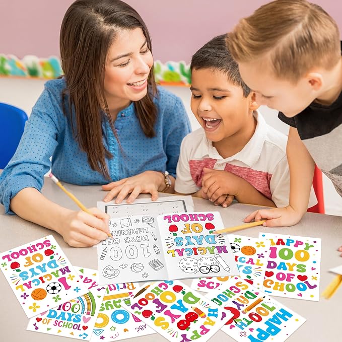 Dvbonike 24Pcs 100 Days of School Coloring Books - Happy 100th Day of School DIY Color-in Pages Cute Pencil Apple Patterns Drawing Booklet Classroom Rewards Art Activity Gifts Party Favors Supplies