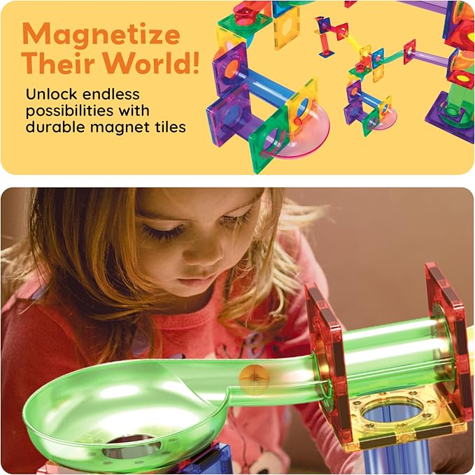 PicassoTiles 108 Piece Marble Run Race Track Set with LED Cars STEM Ages 3+ | 2 Light-Up Vehicles, 4 Magnetic Marbles, BPA-Free, Expandable Collection, Fine Motor Skills,Problem-Solving Screen-Free Toy