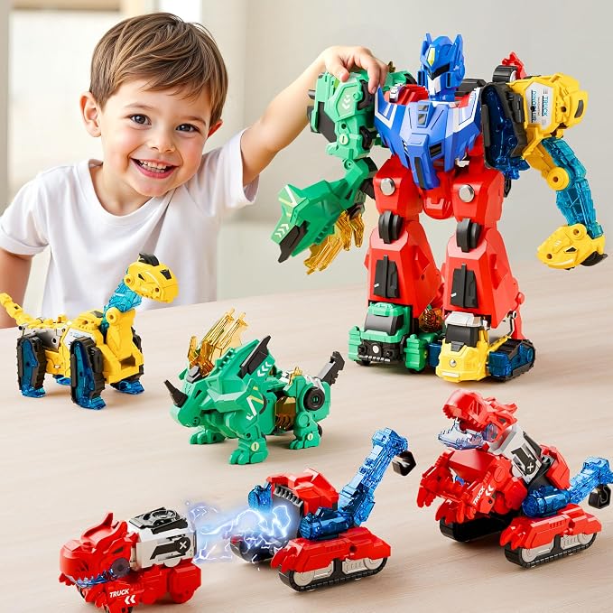 iPlay, iLearn Kids Dinosaur Transform Robot Toy Magnetic Transforming Truck | 6-in-1 Dinosaur Construction Trucks, Toddler STEM Assemble Building Toy, Cool Birthday Gift Age 3 4 5 6 7 8 Year Old Boy Girl
