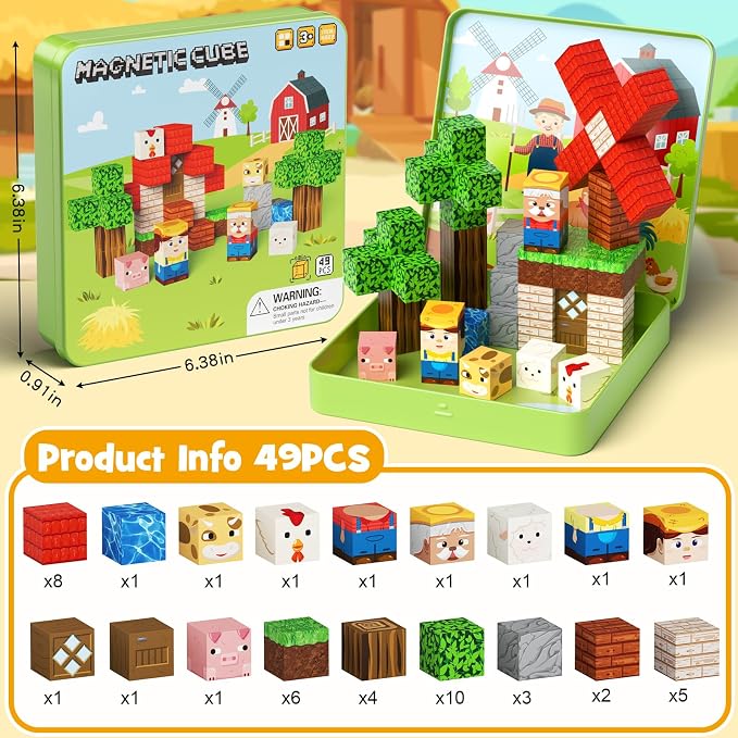 Mini Magnetic Blocks for Travel Toys: 49 Pcs Farm Animals Iron Storage Box | Portable Play Base Magnets Building Cubes Car Rides Activity & Plane Trips Essentials STEM Learning for Kids Toddler Ages 3-8
