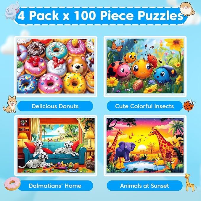 4 Packs 100 Piece Puzzles for Kids Ages 4-6 6-8 8-10, Cute Donuts & Insects & Dalmatians & Animals Educational Jigsaw Puzzles, Birthday Xmas Gifts for Boys Girls Teens Adults Kids Puzzles 4-6 5-8