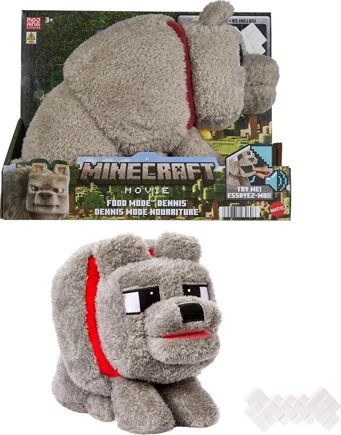 Mattel Minecraft Dennis the Wolf Plush Toy with Sound and Feeding Action | Food Mode, Stuffed Animal, Inspired by A Minecraft Movie (Amazon Exclusive)
