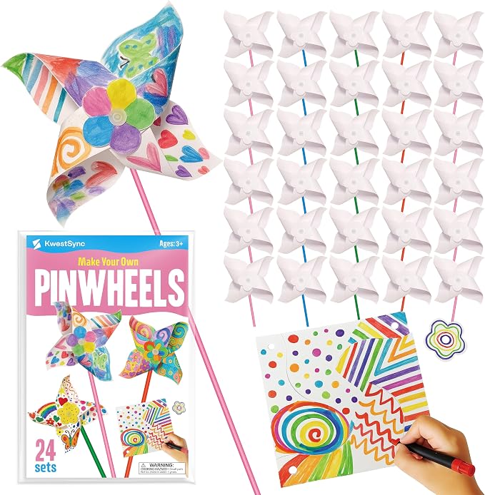 24 Pack DIY Pinwheels Craft for Kids - Summer Spring Crafts for Kids 3-5, 4-6, 4-8 - Fun & Easy Assembly, Bulk STEM Educational Activity for Camp, Sunday School Classroom, Birthday, Party Favor