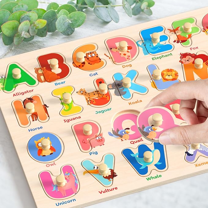 Zeoddler Wooden Montessori Puzzles for Toddlers, 3 Pack ABC, Number and Shape Puzzle for Kids, Preschool Learning Activities, Gift for Girls Boys