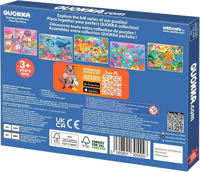 QUOKKA Puzzles for Kids Ages 4-6 – 60 Piece Jigsaw Puzzles for Toddlers Ages 3-5 with Ocean Animals – Quiet Time Toys for Preschoolers 2-4 – FSC Certified Educational Learning Game for Boys and Girls