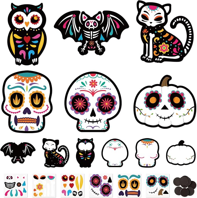 Haooryx Day of The Dead Sugar Skull DIY Magnet Stickers Paper Craft Kit | 30 Set Make Your Own Dia de Los Muertos Art Craft, Halloween Mexican Festival Party Gift, Bulletin Board Refrigerator Decor