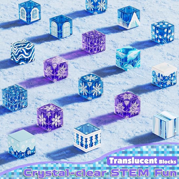 Magnetic Blocks - 45Pcs 0.8in Travel Toys Transparent Magnetic Building Block with Magnetic Tin Box for Kids, Light Up Magnet Block Blue Princess, Princess Toy for Girl 3+ Christmas Birthday Gift