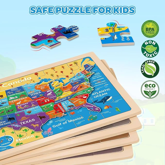4-Pack Wooden Puzzles for Kids Ages 3-5, 24-Piece Geography Space Set | Toddler Puzzles Ages 3-5, Preschool Puzzles with Wooden Jigsaw Boards for Fine Motor Skills, Shape Recognition and Travel