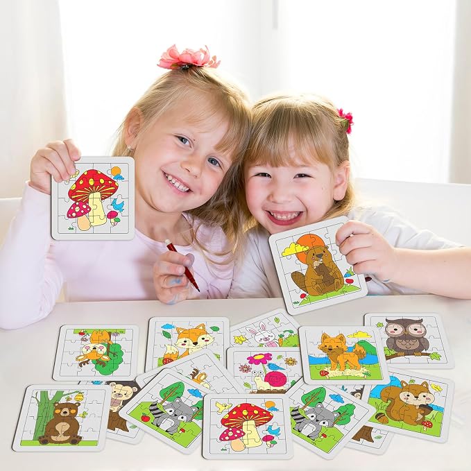 Cinrobiye 24 PCS Woodland Animal Coloring Jigsaw Craft Kit for Kids, DIY Forest Creature Activity Set Bulk with 12 Designs, Wildlife Birthday Party Favors, Classroom Art Projects