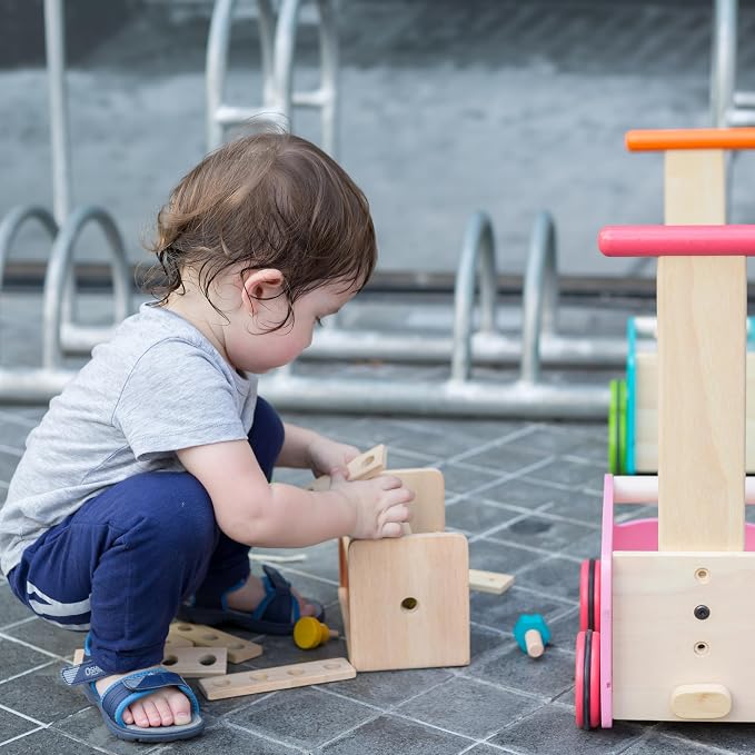 PlanToys Wooden Transforming Robot Tool Box with Wrench, Nuts & Bolts, Wooden Planks, and Shapes| Sustainably Made from Rubberwood and Non-Toxic Paints and Dyes | hammer, wrench, screwdriver, kids tool set, girls, boys, fine motor problem solving imagi...