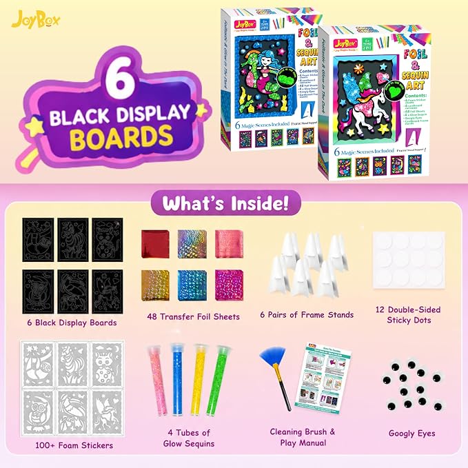 JoyBox Foil Fun–DIYKids Paper Foil Art Craft Kit for&Travel Screen-Free Fun | Birthday Party Gifts for Ages 4-9 and Up,Art Travel Toys for Boys Girlsmagical unicorn‑themedincludes glow‑in‑the‑dark