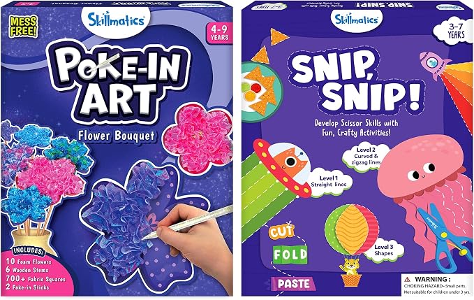 Skillmatics Poke-in Art Flower Bouquet & Snip Snip Bundle, No Mess Art for Kids, DIY Creative Activity, Gifts for Boys & Girls Ages 3, 4, 5, 6, 7, 8, 9