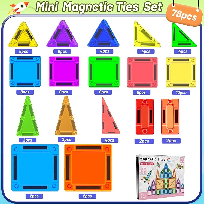 Mini Magnetic Tiles,78PCS Travel Magnetic Tiles Set with Iron Box,Portable Building Blocks for Kids Ages 3+,Car Airplane Travel Essentials Kids Toy,Creative STEM Toys Birthday Gift for Boys & Girls