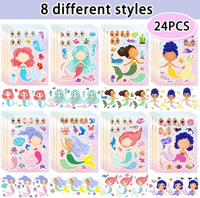 24 Sheets Make a Face Mermaid Stickers for Girls Kids Party Favors | Make Your Own Mermaid Stickers Birthday Decorations Supplies, Toddlers Crafts Activities Gifts Goodie Bags Stuffers Games