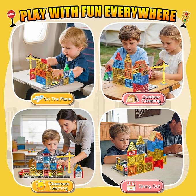 Magnetic Tiles - Construction Toys, Road Set Outdoor Travel Toys with Magnetic Crane & Car for Boys Age 3-5 4-8 8-10, Mini Magnet Building Blocks with Crane, Road, Traffic Lights, STEM Sensory Gifts